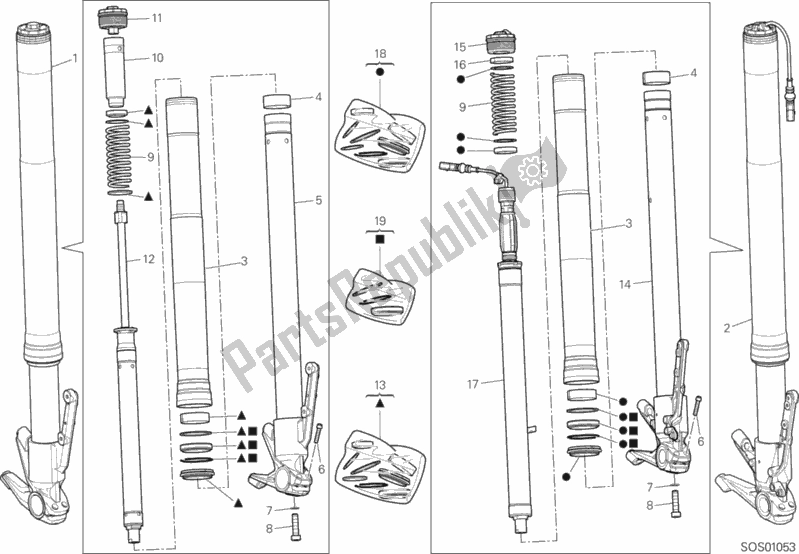 All parts for the Front Fork of the Ducati Multistrada 1260 S Touring Brasil 2020